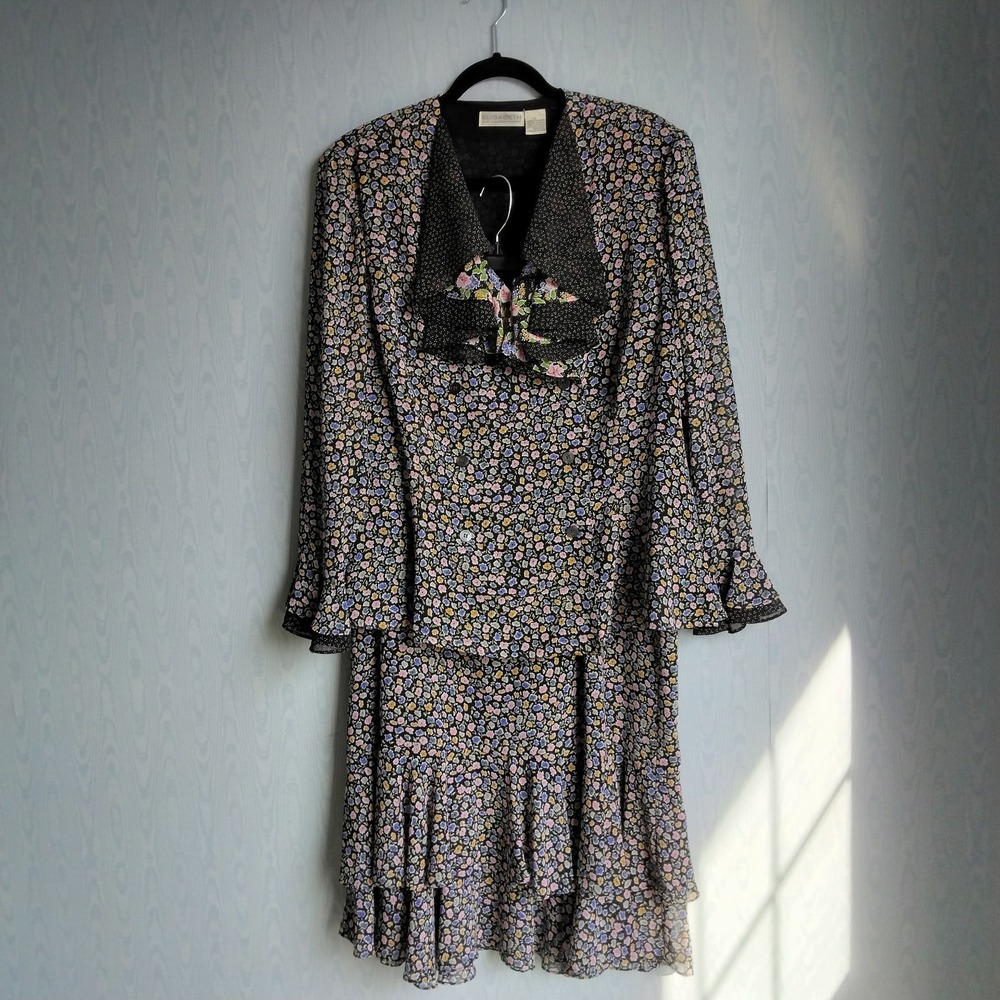 Vintage Y2K Set‎ 14 Top 18 Skirt Ruffle Poet Collar Hem Midi Ditsy Floral